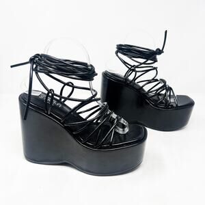 [Dolls Kill] SIMMI London Black Faux Leather Nolia Lace Up Platform Wedges Sz 6